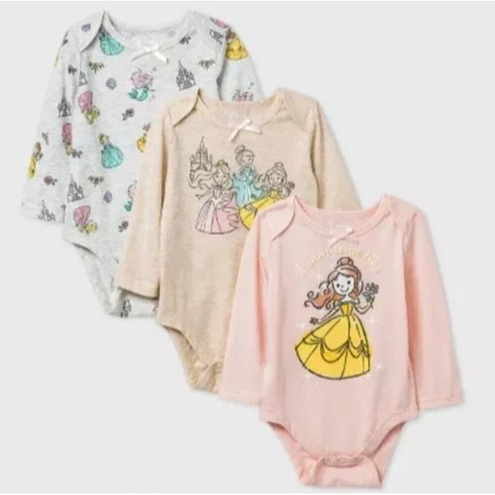 Disney Princess Long Sleeve Bodysuit set of 3 Belle Cinderella Aurora 6-9m